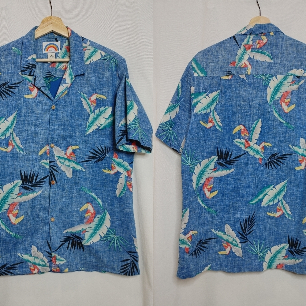 Paradise Found Hawaii Reverse Print Short Sleeve‎ Shirt Blue Jungle Bird Vintage